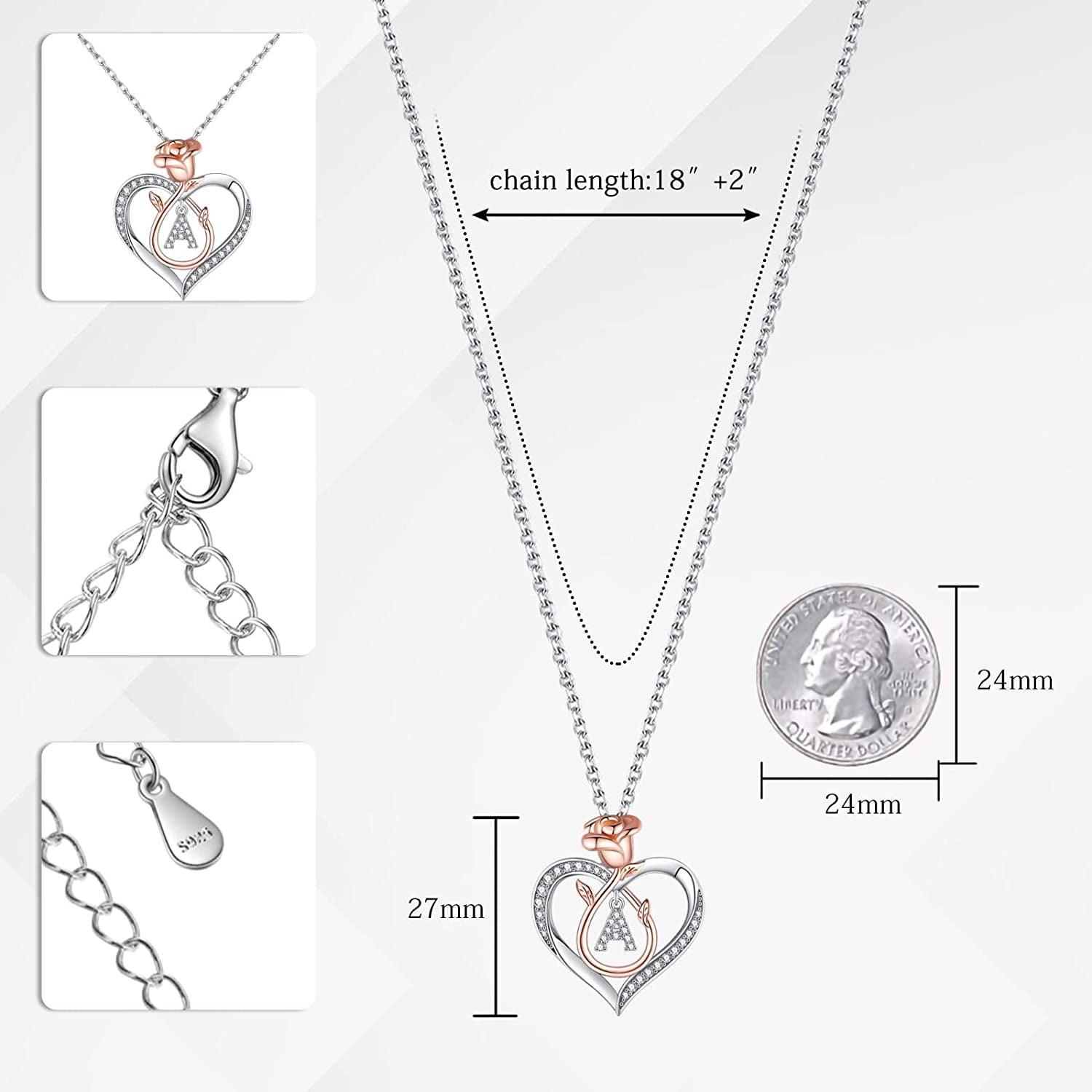 Rose Heart Necklaces Gifts for Women, CZ Heart Initial Letter Pendant Necklaces Jewelry Anniversary Valentines Day Gifts for Her Mothers Day Christmas Birthday Gifts for Women Girls