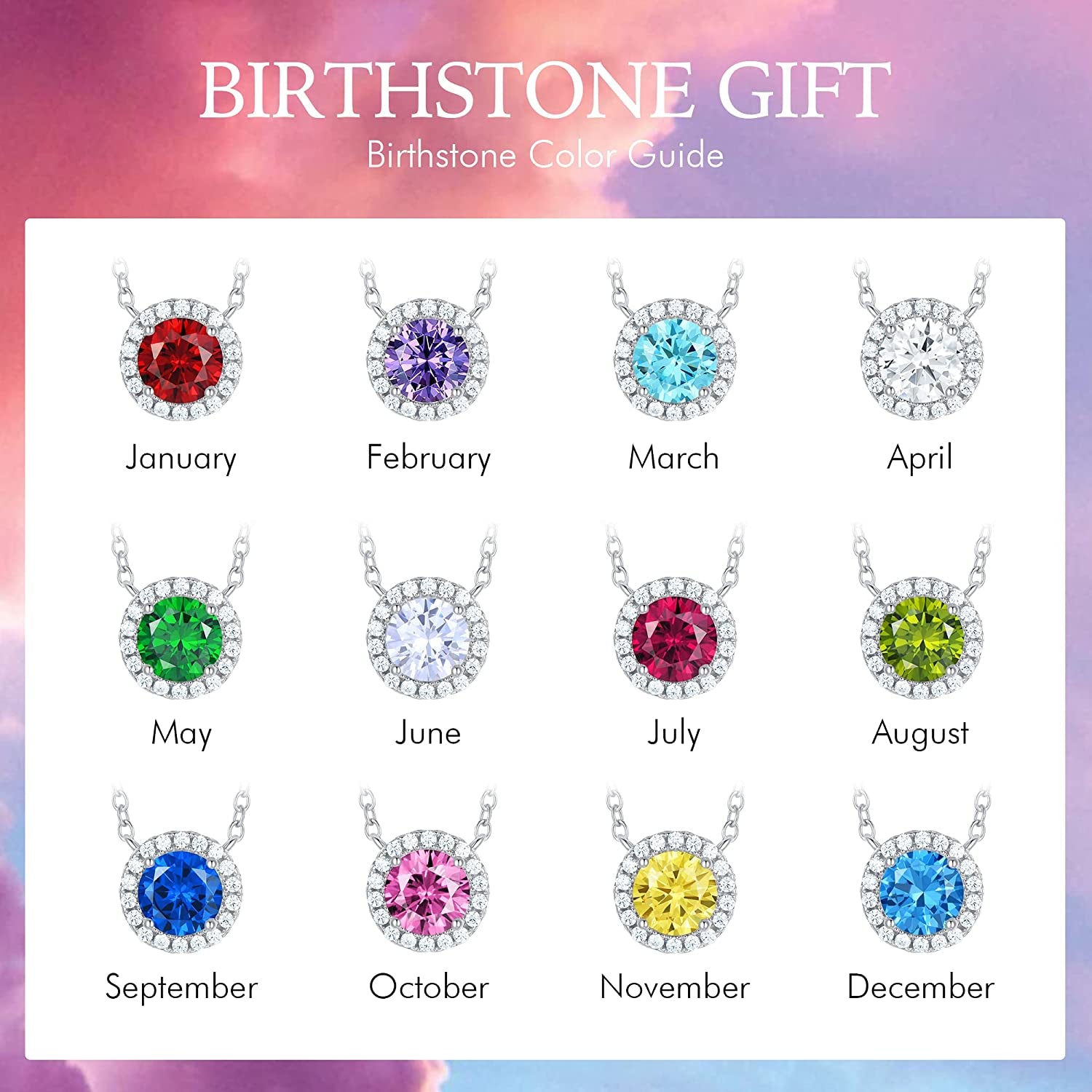 925 Sterling Silver Birthstone round Solitaire Pendant Dainty Halo Necklaces for Women, Anniversary Valentine'S Day Birthday Mother'S Jewelry Gifts for Girls Women Wife Mom Girlfriend