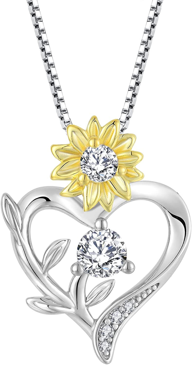 Sunflower Heart Necklace for Women 925 Sterling Silver Cubic Zirconia Love Pendant Jewelry Gifts for Women