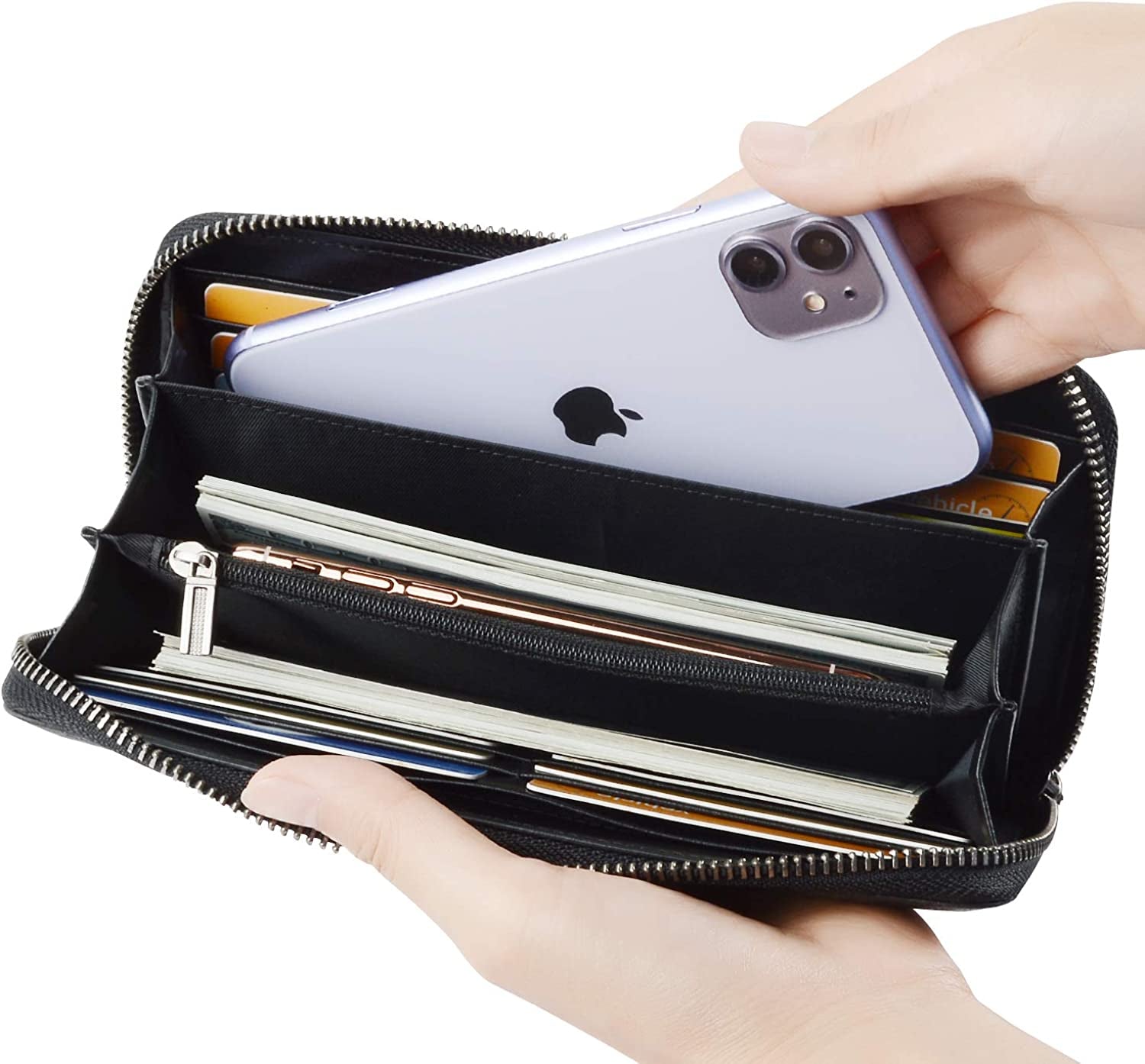 Leather Long Zippered Pouch Wallet for Men and Women with RFID Blocking, Large Clutch Cash Long Wallet with Zipper