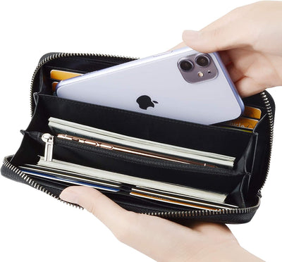 Leather Long Zippered Pouch Wallet for Men and Women with RFID Blocking, Large Clutch Cash Long Wallet with Zipper
