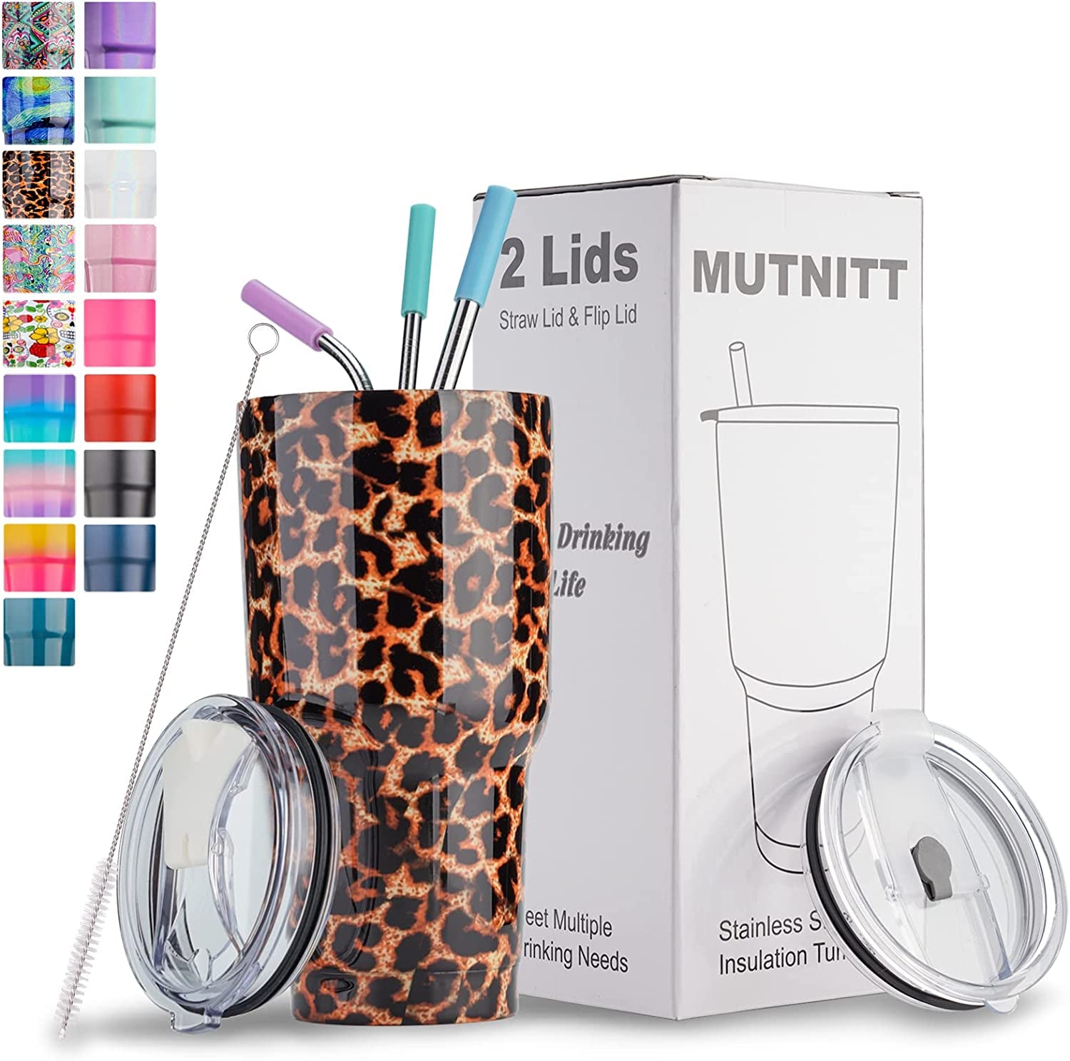 30 Oz Tumbler with Lids and Straws,18/8 Stainless Steel Vacuum Insulated Coffee Tumbler,Insulated Travel Mug Water Cup with Leak-Proof Straw Lid & Flip Lid,3 Metal Straws,1 Cleaning Brush & Gift Box