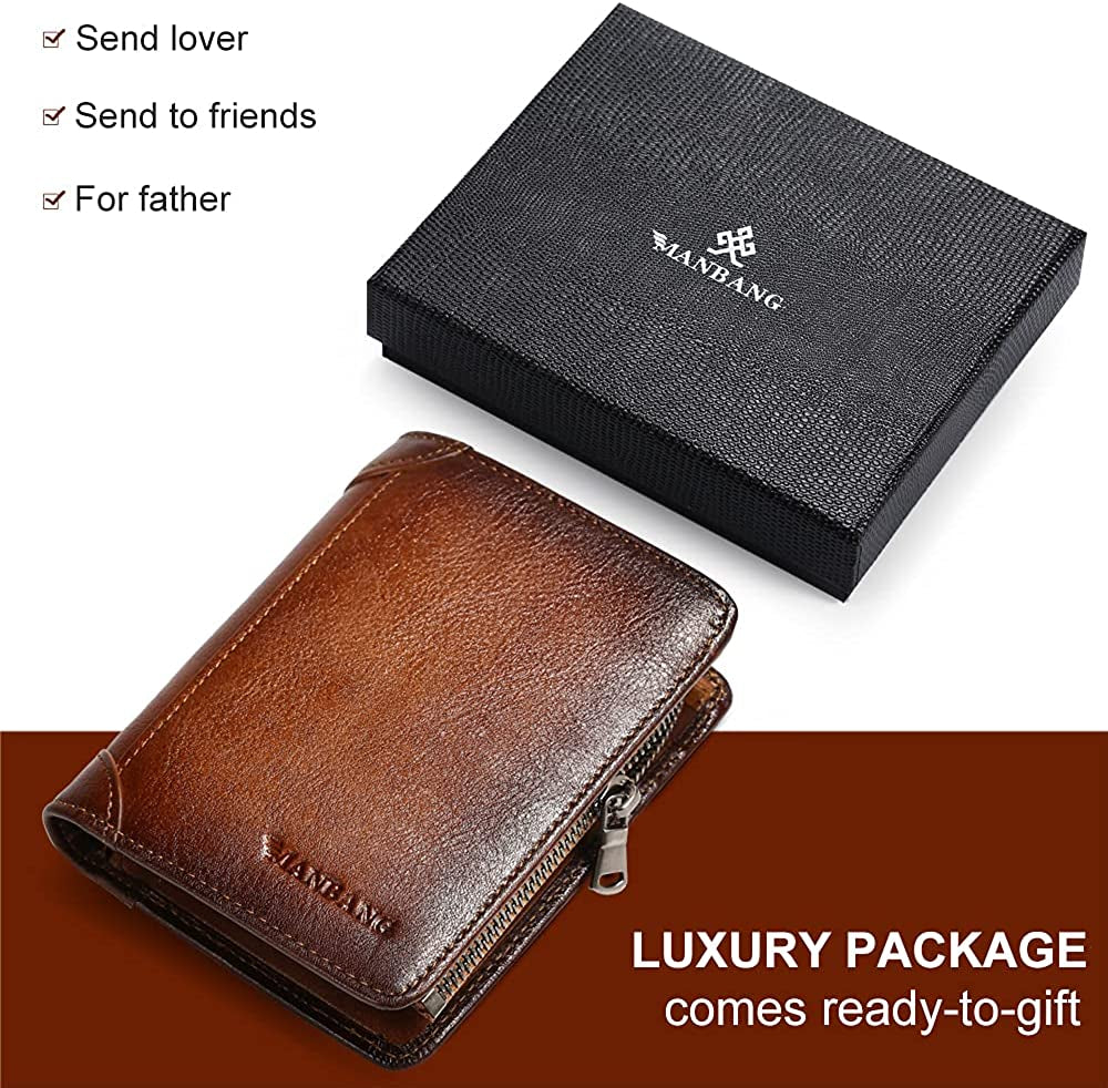Mens Wallet Zipper Genuine Leather RFID Card Holders Cowhide Zip Coin Pocket Bifold Wallets for Men Brown(Anti-Theft Brush)