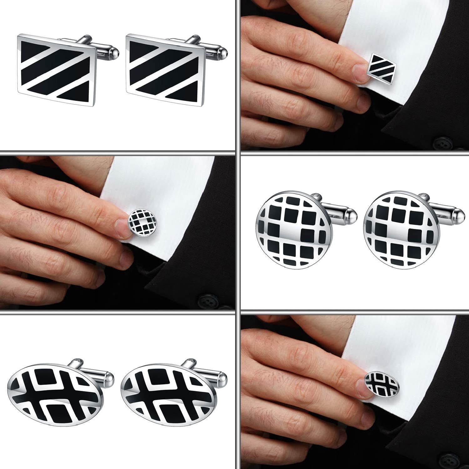 12 Pairs Cufflinks Two Tone Classy Stylish Men Black Silvertone Cuff Links Elegant Set Gift Box