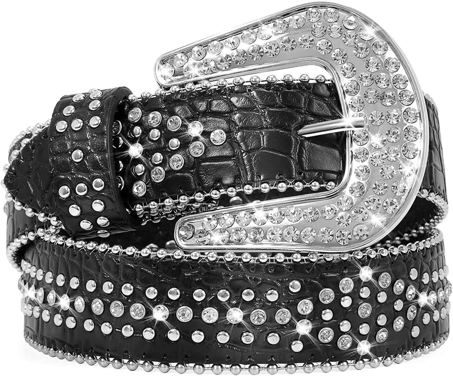 Women Rhinestone Belt for Jeans, Men Western Cowgirl Bling Studded Belt Faux Crocodile Grain Leather