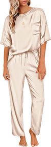 Women'S Satin Silky Pajama Set Short Sleeve T-Shirt with Long Pajama Pant Set Soft PJ Loungewear