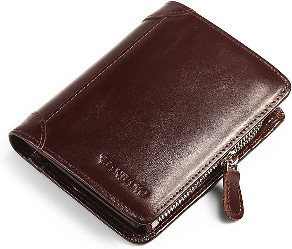 Mens Wallet Zipper Genuine Leather RFID Card Holders Cowhide Zip Coin Pocket Bifold Wallets for Men Brown(Anti-Theft Brush)