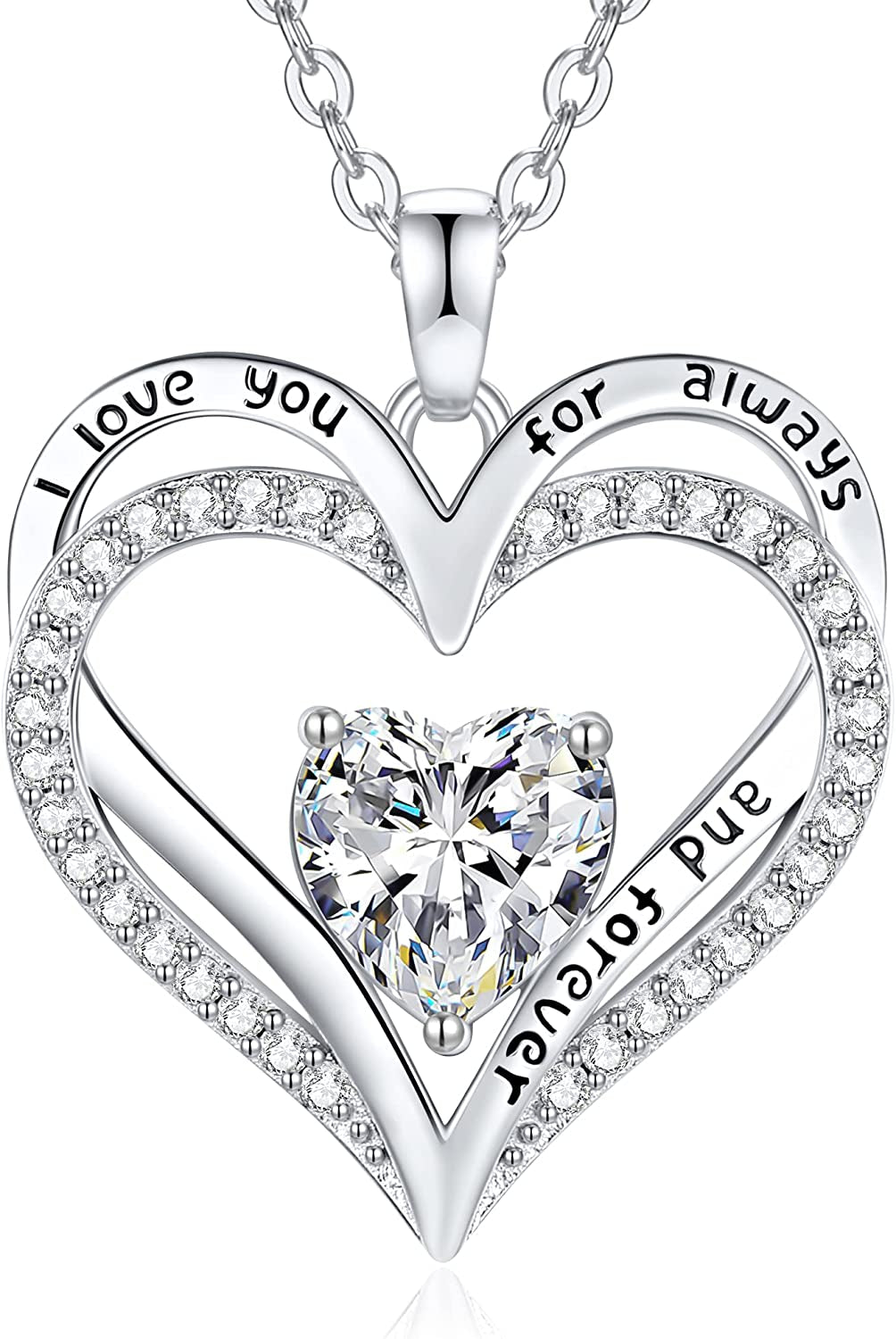 Birthstone Necklaces for Women Girls, 925 Sterling Silver Forever Love Heart Pendant Necklace with Cubic Zirconia, Christmas Birthday Anniversary Valentine'S Day Jewelry Gift for Wife Mother Girlfriend Daughter Her