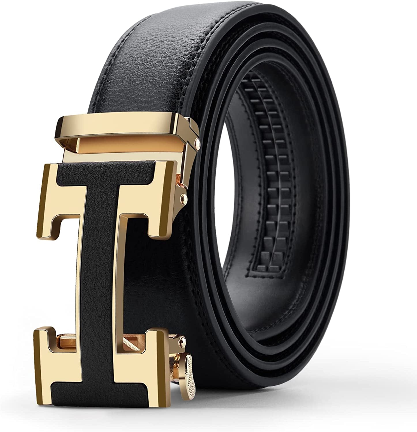 Black Belt Men,  Mens Leather Belts Slide Ratchet Belt Buckle Dress Casual Fashion Belt for Jeans Pants