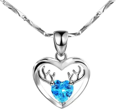 Deer Necklace. Deer Antler Pendant. Love Necklace, Blue Love Zircon. Silver Plated, Women'S Necklace, Girly, Valentine'S Day, Birthday Gift