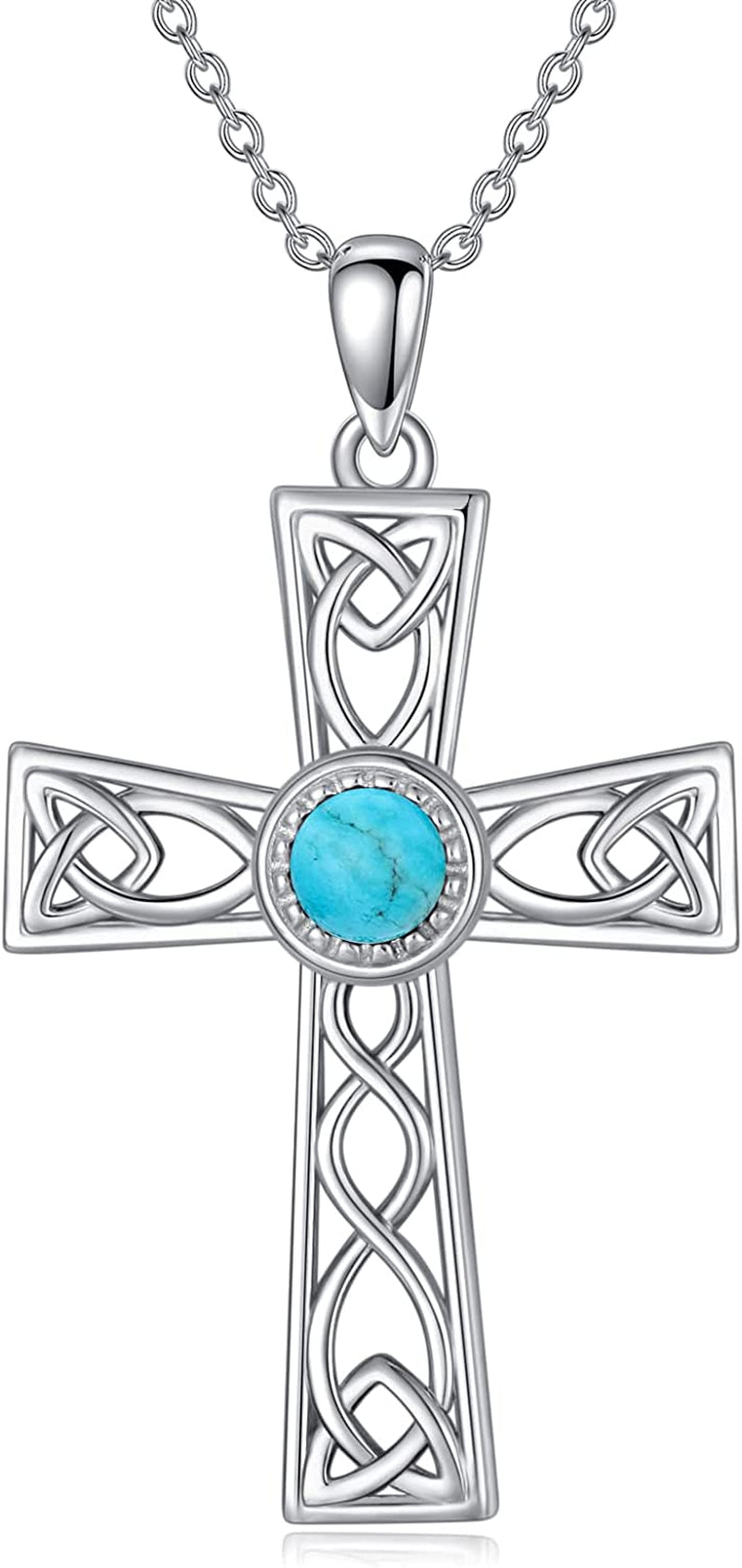 Celtic Cross Necklace for Women with Natural Turquoise/Jade/Red Agate Sterling Silver Irish Trinity Knot Cross Pendant Necklace Jewelry Gifts for Christmas Birthday Valentine’S Day