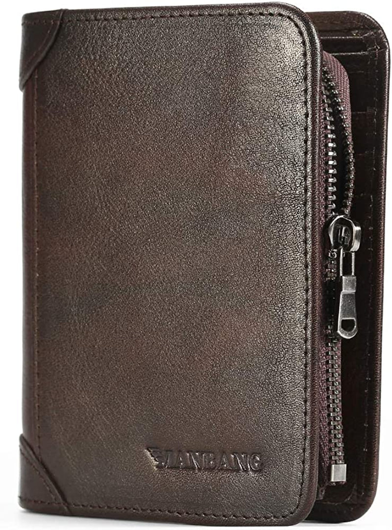 Mens Wallet Zipper Genuine Leather RFID Card Holders Cowhide Zip Coin Pocket Bifold Wallets for Men Brown(Anti-Theft Brush)