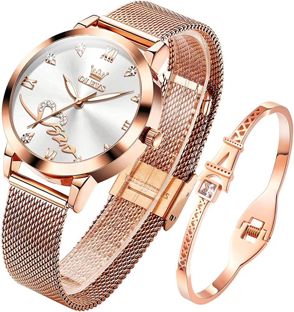 Women'S Rose Gold Watches Ultrathin Japanese Quartz Movement Girls Ladies Wristwatch Big Face Waterproof Mesh Belt Watch and Bracelet Set Valentines Day Gift