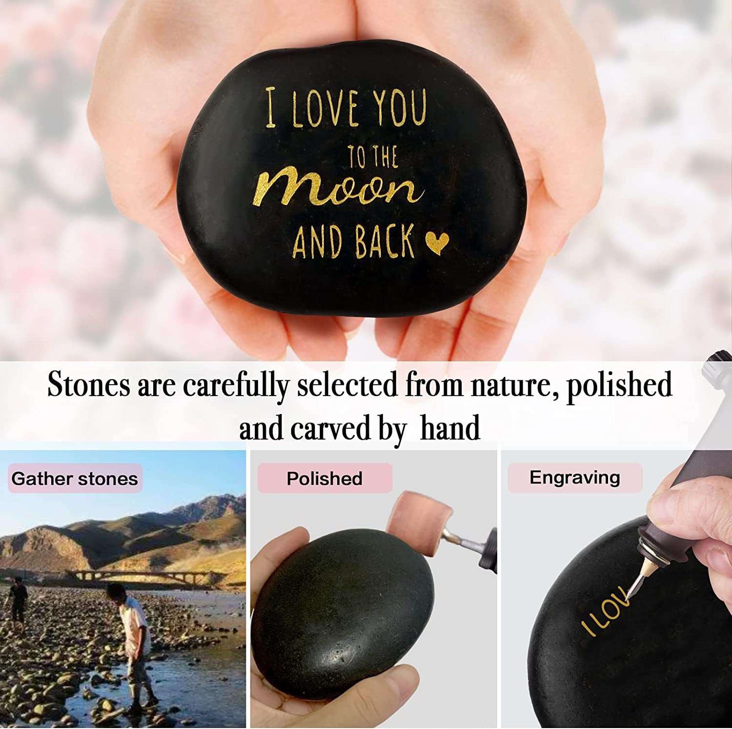Couples Gifts, Valentines Day Gifts for Her, Christmas Gifts for Women Wife Girlfriend, Engraved Natural Rock with Moon Necklace, Romantic Wedding Gifts, Unique Birthday Gifts