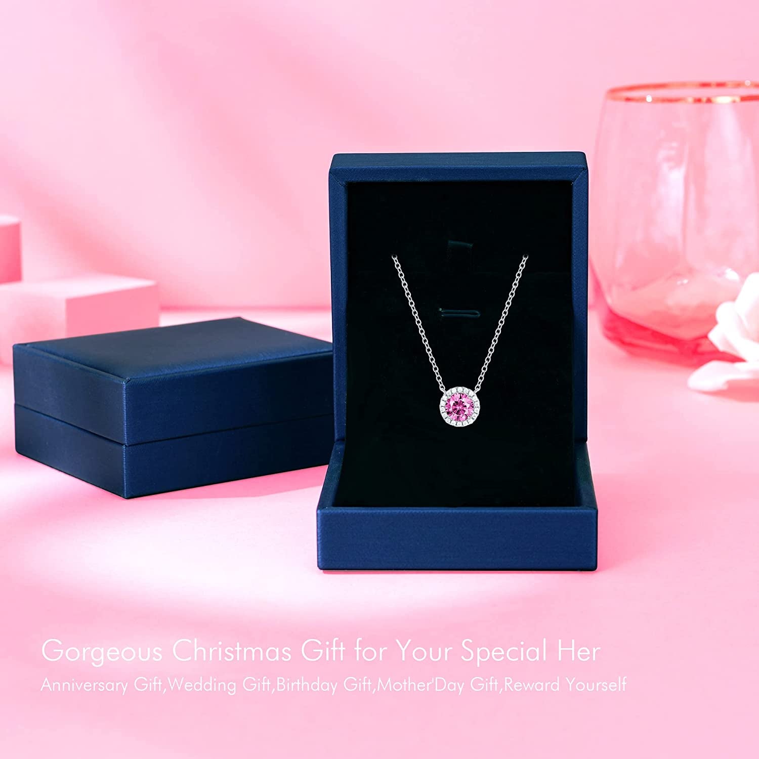 925 Sterling Silver Birthstone round Solitaire Pendant Dainty Halo Necklaces for Women, Anniversary Valentine'S Day Birthday Mother'S Jewelry Gifts for Girls Women Wife Mom Girlfriend