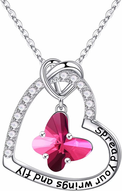 Butterfly Birthstone Crystal Necklace, 925 Sterling Silver Butterfly Jewelry Mothers Valentines Day Gifts Birthday Chirstmas Gifts for Women Teen Girls Daughter