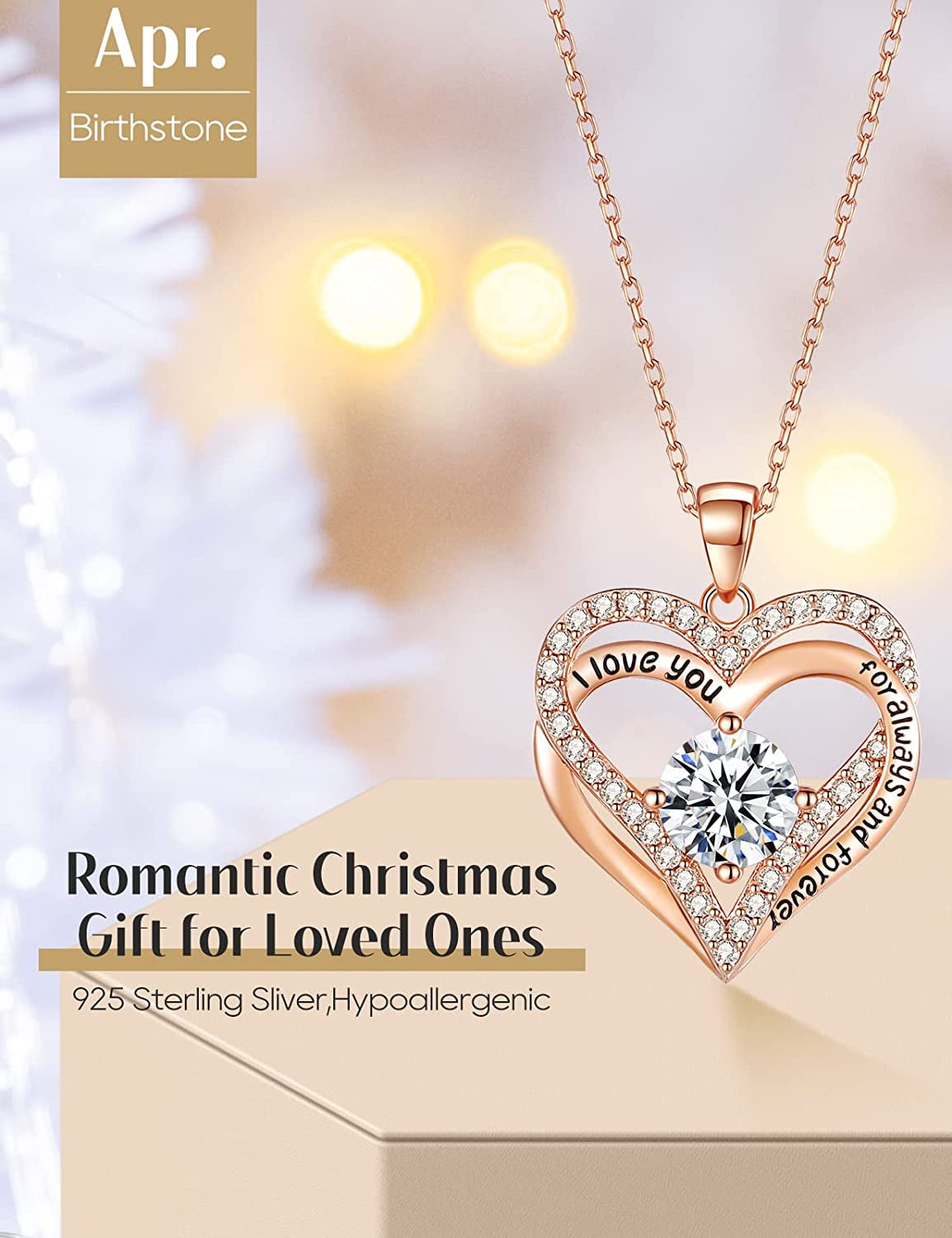 925 Sterling Silver Jewelry for Women, 18K Rose Gold Necklaces for Wife, Birthstone Diamond Heart Pendant for Christmas, Anniversary Jewelry Gift for Her, Girlfriend Necklaces Gift for Valentines Day