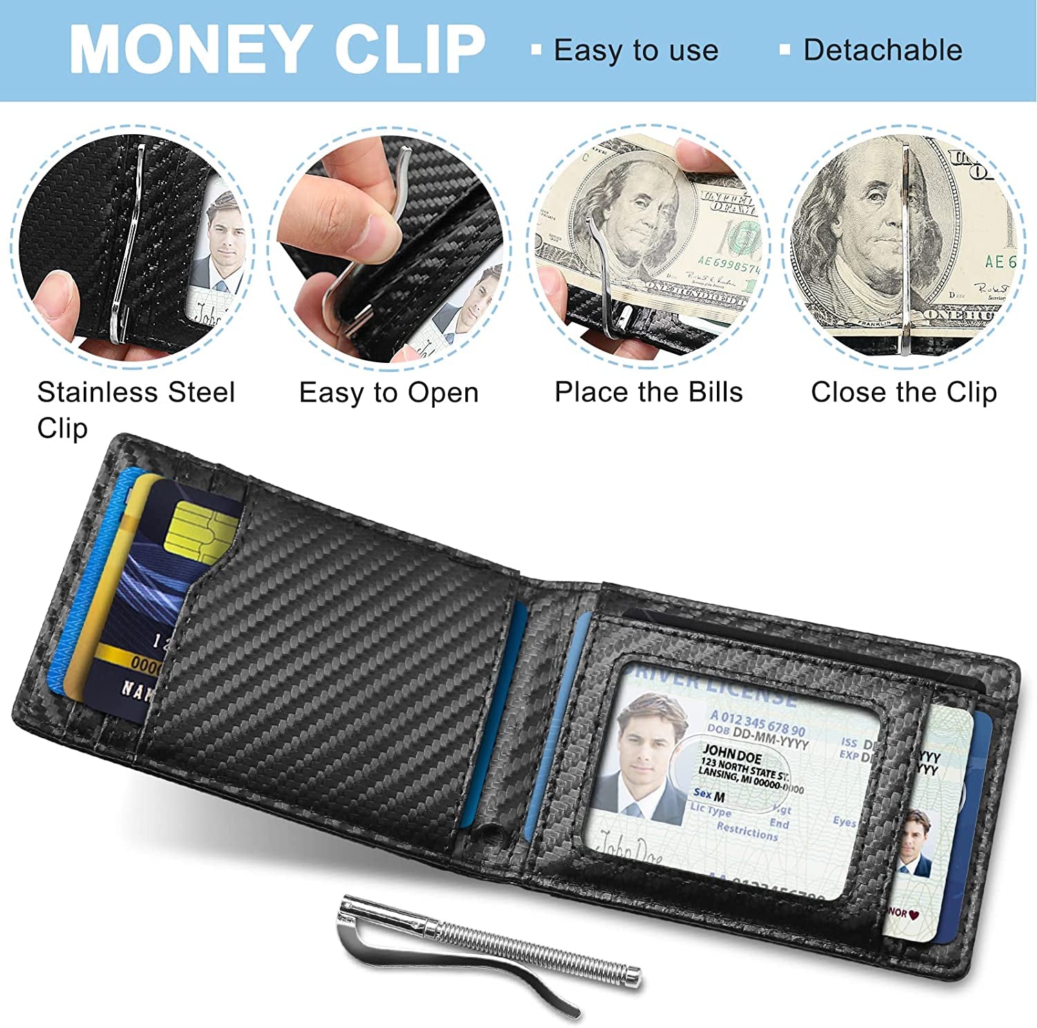 Gifts for Dad,Men'S Leather Wallet for Valentines Day Gifts with Money Clip, RFID Blocking,Bifold Credit Card Holder with 11 Slots,Clips 6-10 Bills,Gifts for Men Him Husband Boyfriend-Carbon Fiber