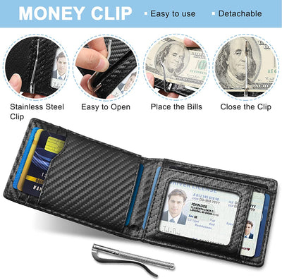 Gifts for Dad,Men'S Leather Wallet for Valentines Day Gifts with Money Clip, RFID Blocking,Bifold Credit Card Holder with 11 Slots,Clips 6-10 Bills,Gifts for Men Him Husband Boyfriend-Carbon Fiber