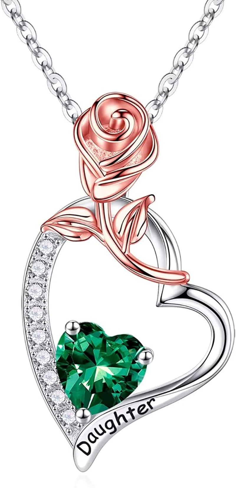 Daughter Gifts Rose Heart Birthstone Necklace, 925 Sterling Silver Natural or Created Gemstone Pendant Necklace Valentines Mothers Day Gifts for Daughter Birthday Christmas Gifts for Daughter from Mom