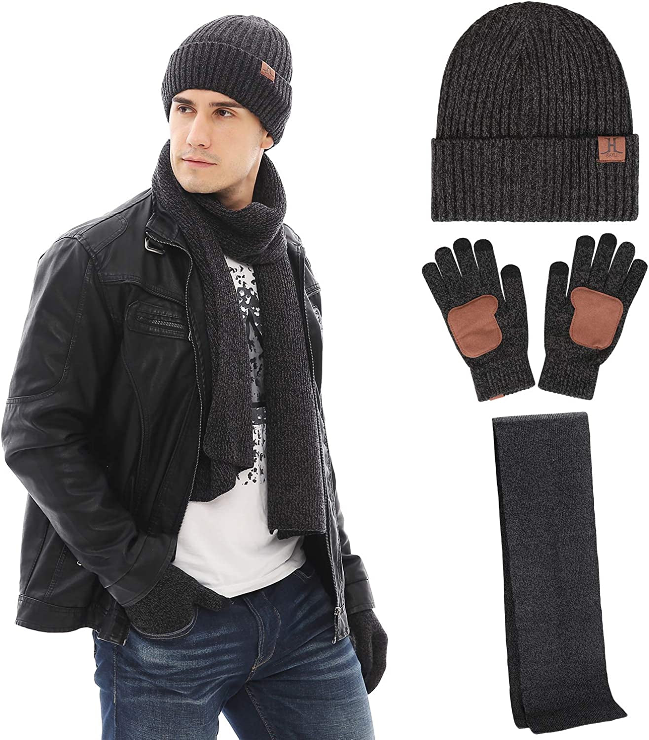 Men & Women Winter Knit Hat Beanie Long Scarf Touchscreen Gloves Set Skull Cap Neck Warmer Gloves Set with Fleece Lined