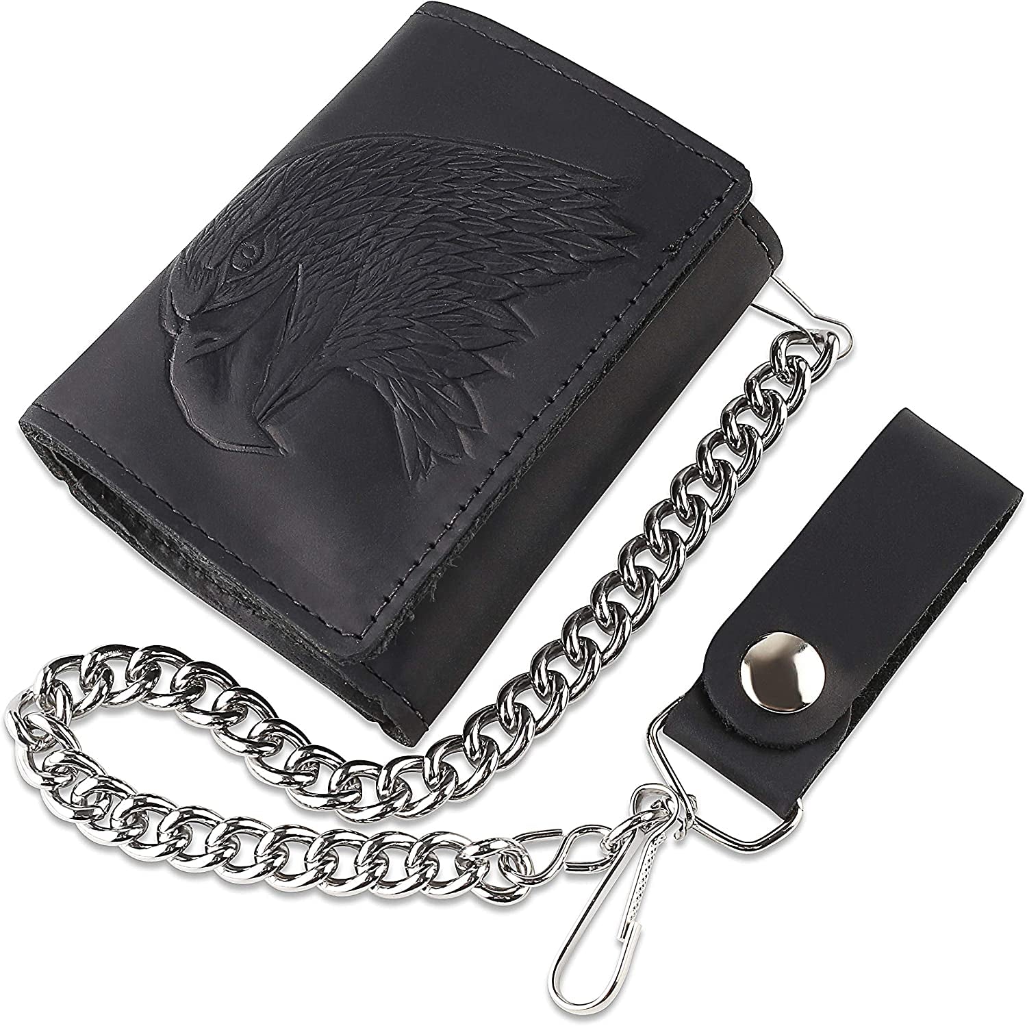 RFID Blocking Men'S Tri-Fold Vintage Biker Cowhide Top Grain Leather Steel Chain Wallet,Snap Closure, Made in Usa,Gl315,Black