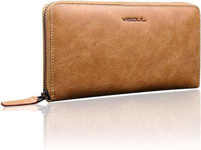 Leather Long Zippered Pouch Wallet for Men and Women with RFID Blocking, Large Clutch Cash Long Wallet with Zipper