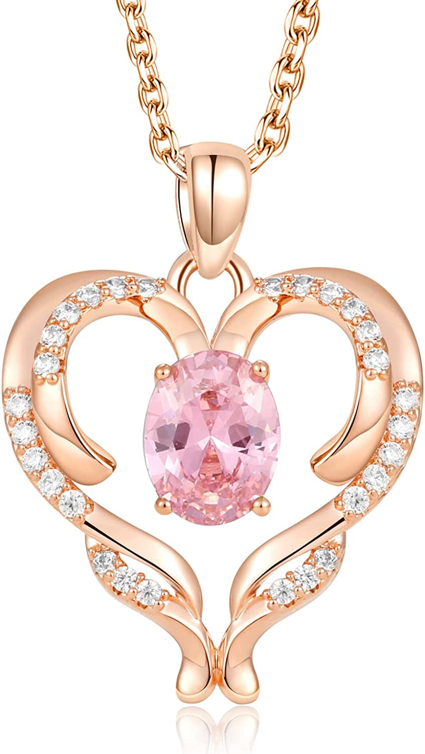 Heart Necklace for Women Silver/Rose Gold Love Heart Pendant Necklace with Cubic Zirconia Birthstone Christmas Birthday Anniversary Valentine'S Day Jewelry Gift for Women Wife Mom Girlfriend BFF