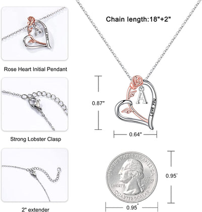 Rose Heart Initial Necklaces Gifts for Women Teen Girls, Rose Love You Heart Letter Pendant Necklace Jewelry Mothers Day Valentines Anniversary Christmas Birthday Gifts for Her Mom Wife Girlfriend