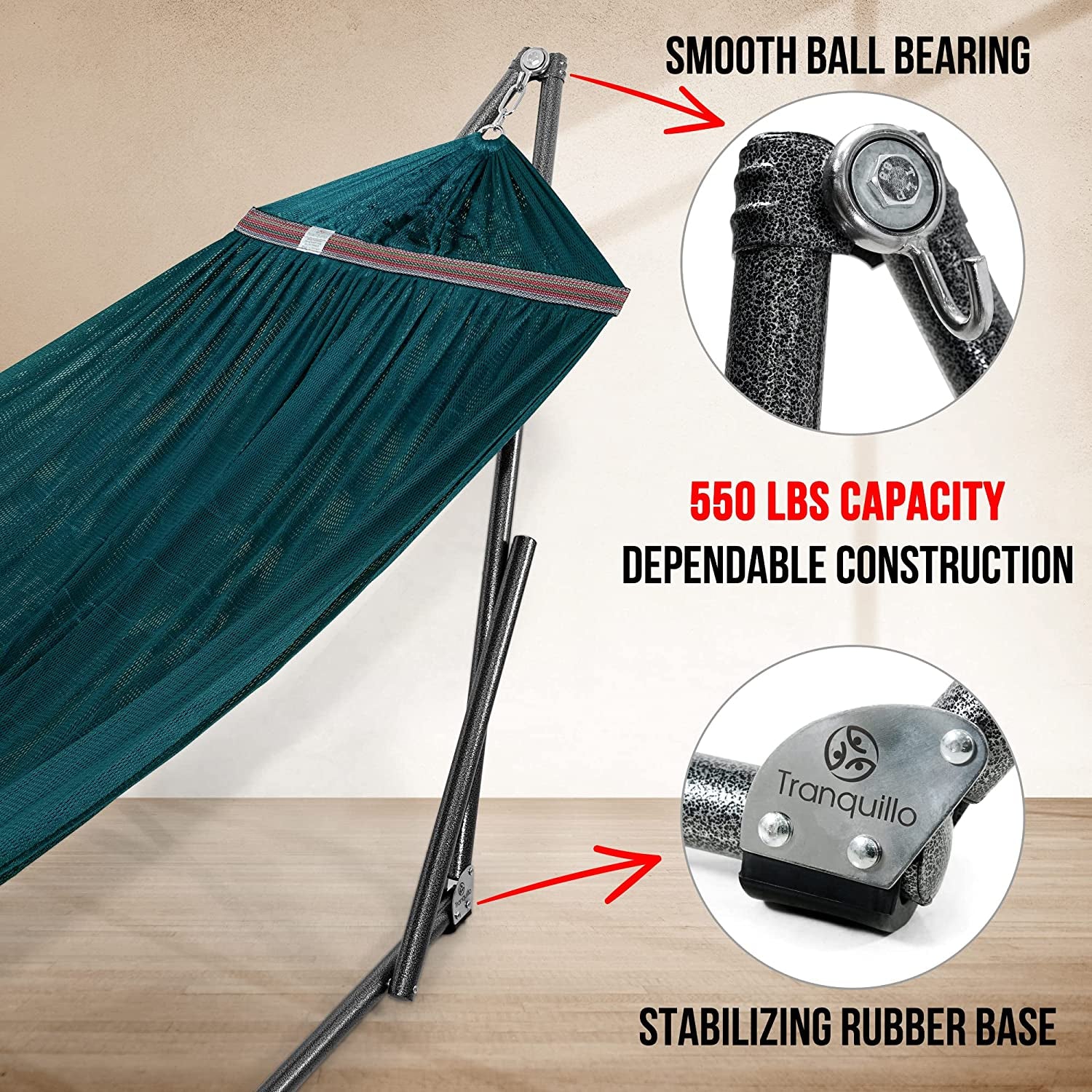 Double Hammock with Stand Included for 2 Persons/ Foldable Hammock Stand 550 Lbs Capacity Portable Case - Inhouse, Outdoor, Camping, Peacock