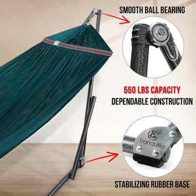 Double Hammock with Stand Included for 2 Persons/ Foldable Hammock Stand 550 Lbs Capacity Portable Case - Inhouse, Outdoor, Camping, Peacock