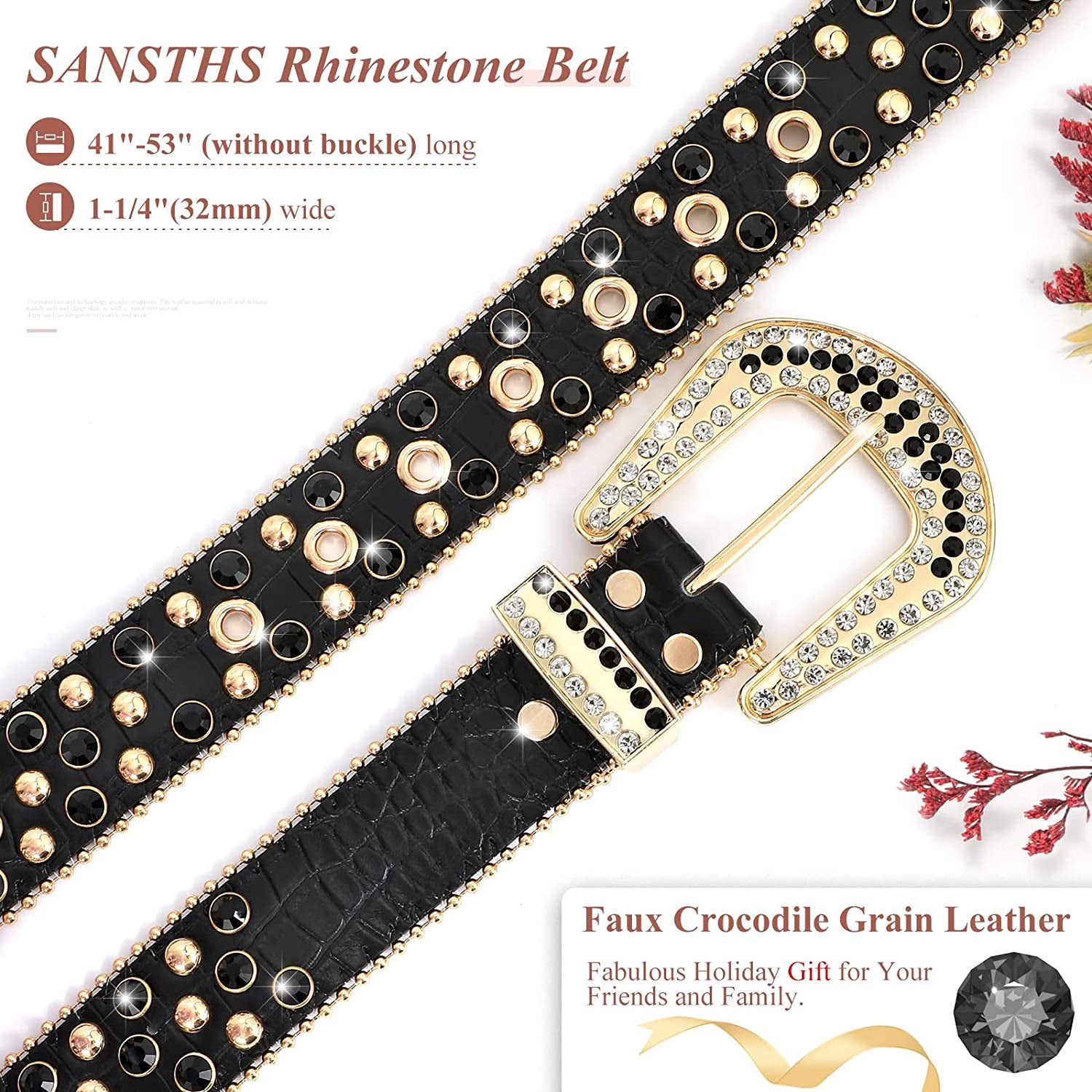Women Rhinestone Belt for Jeans, Men Western Cowgirl Bling Studded Belt Faux Crocodile Grain Leather