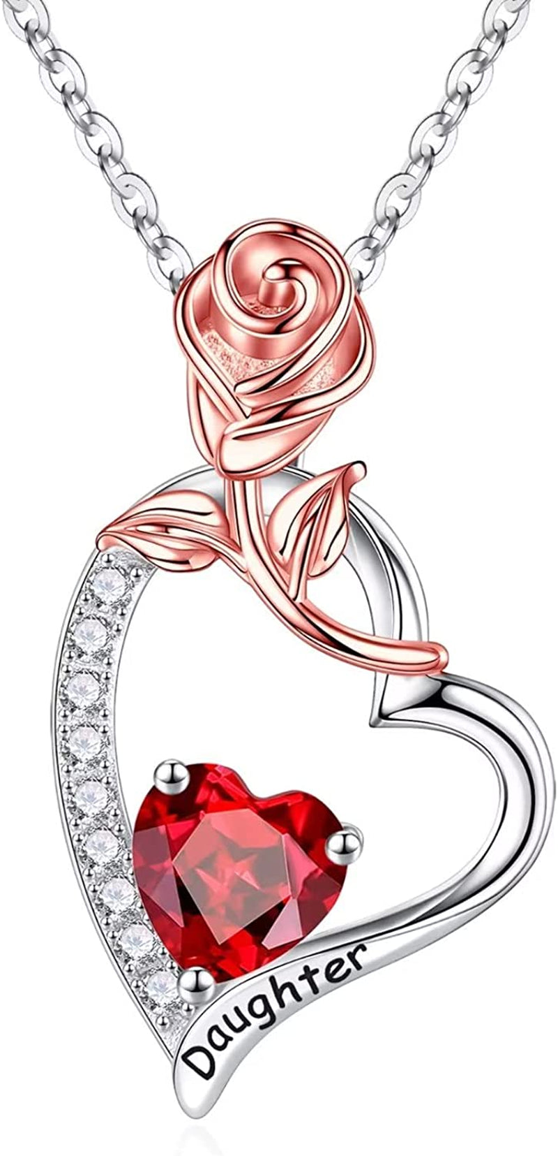 Daughter Gifts Rose Heart Birthstone Necklace, 925 Sterling Silver Natural or Created Gemstone Pendant Necklace Valentines Mothers Day Gifts for Daughter Birthday Christmas Gifts for Daughter from Mom