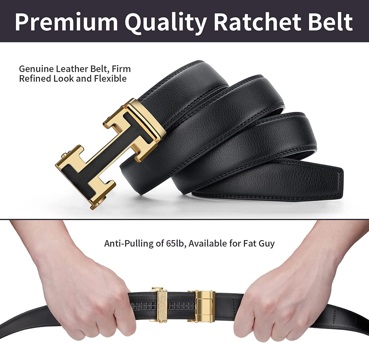 Black Belt Men,  Mens Leather Belts Slide Ratchet Belt Buckle Dress Casual Fashion Belt for Jeans Pants