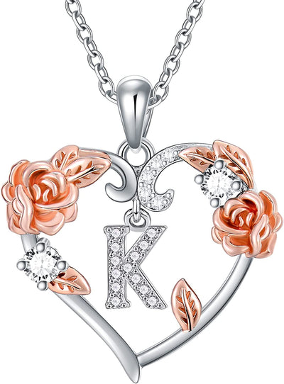 Rose Heart Necklaces Gifts for Women, 925 Sterling Silver Rose Love Heart Initial Letter Pendant Necklace Jewelry Mothers Day Valentines Christmas Birthday Gifts for Her Mom Wife Girlfriend