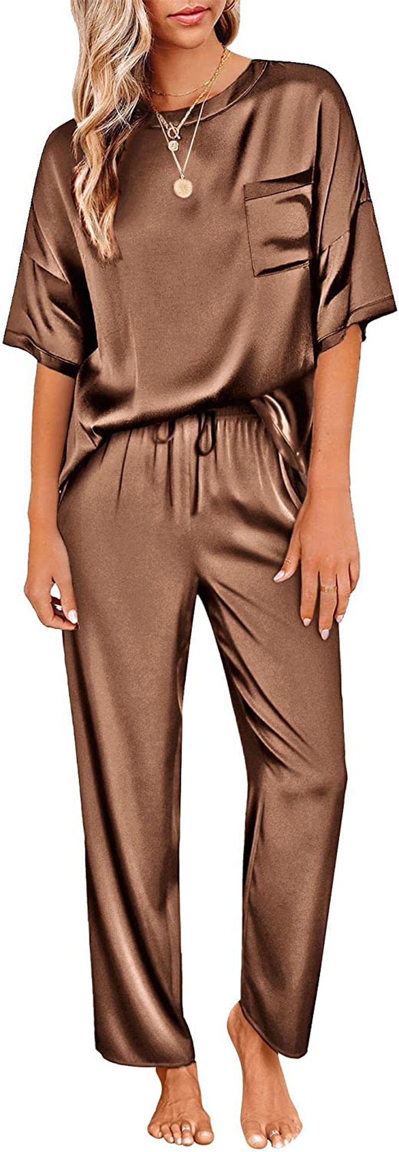 Women'S Satin Silky Pajama Set Short Sleeve T-Shirt with Long Pajama Pant Set Soft PJ Loungewear