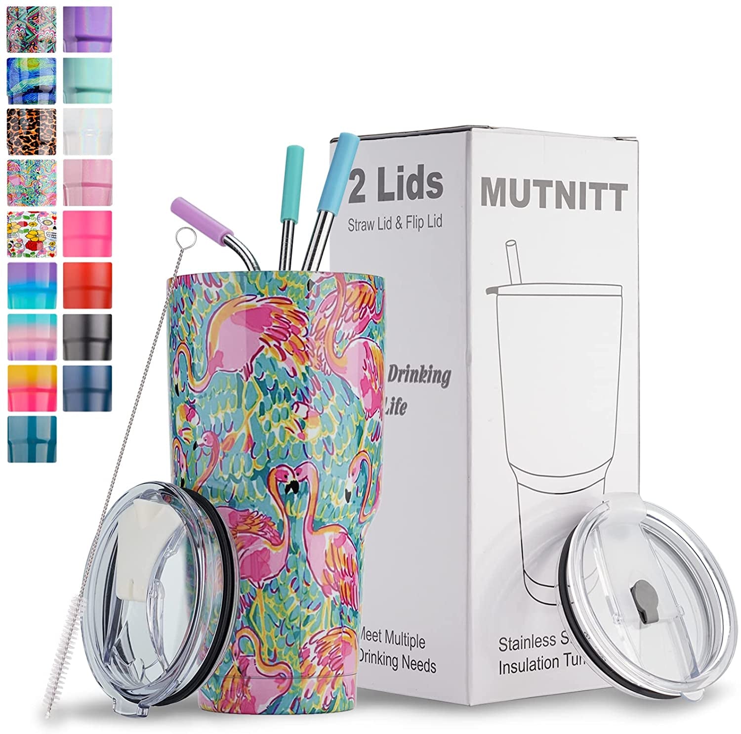 30 Oz Tumbler with Lids and Straws,18/8 Stainless Steel Vacuum Insulated Coffee Tumbler,Insulated Travel Mug Water Cup with Leak-Proof Straw Lid & Flip Lid,3 Metal Straws,1 Cleaning Brush & Gift Box