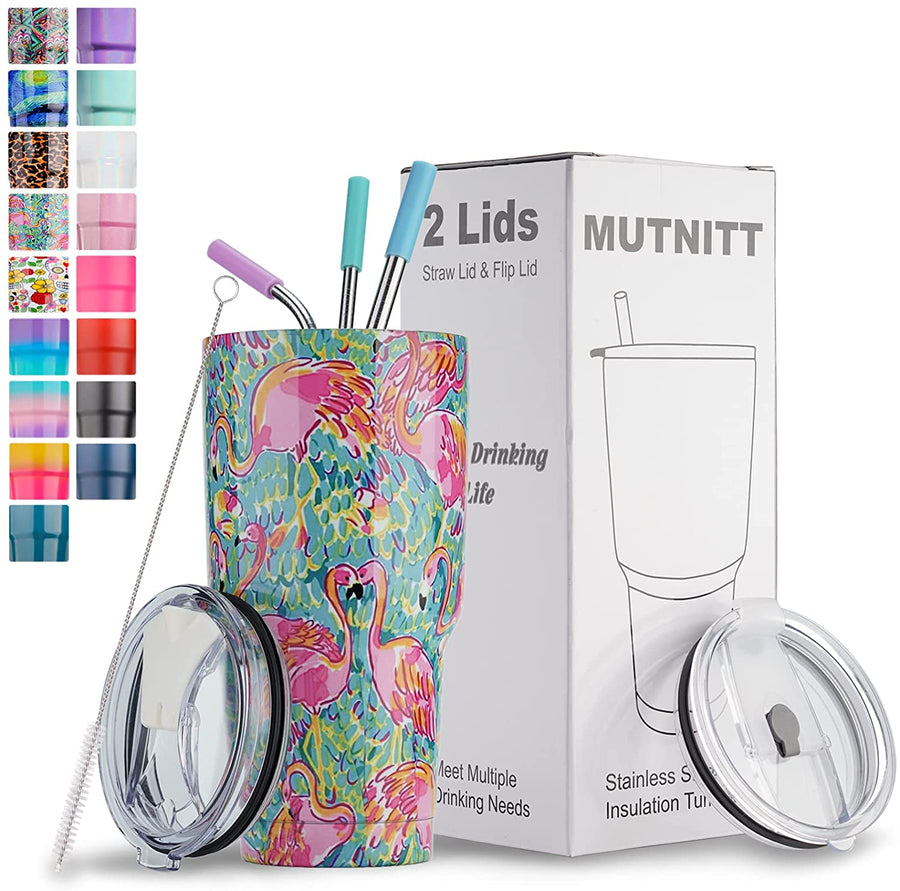 30 Oz Tumbler with Lids and Straws,18/8 Stainless Steel Vacuum Insulated Coffee Tumbler,Insulated Travel Mug Water Cup with Leak-Proof Straw Lid & Flip Lid,3 Metal Straws,1 Cleaning Brush & Gift Box