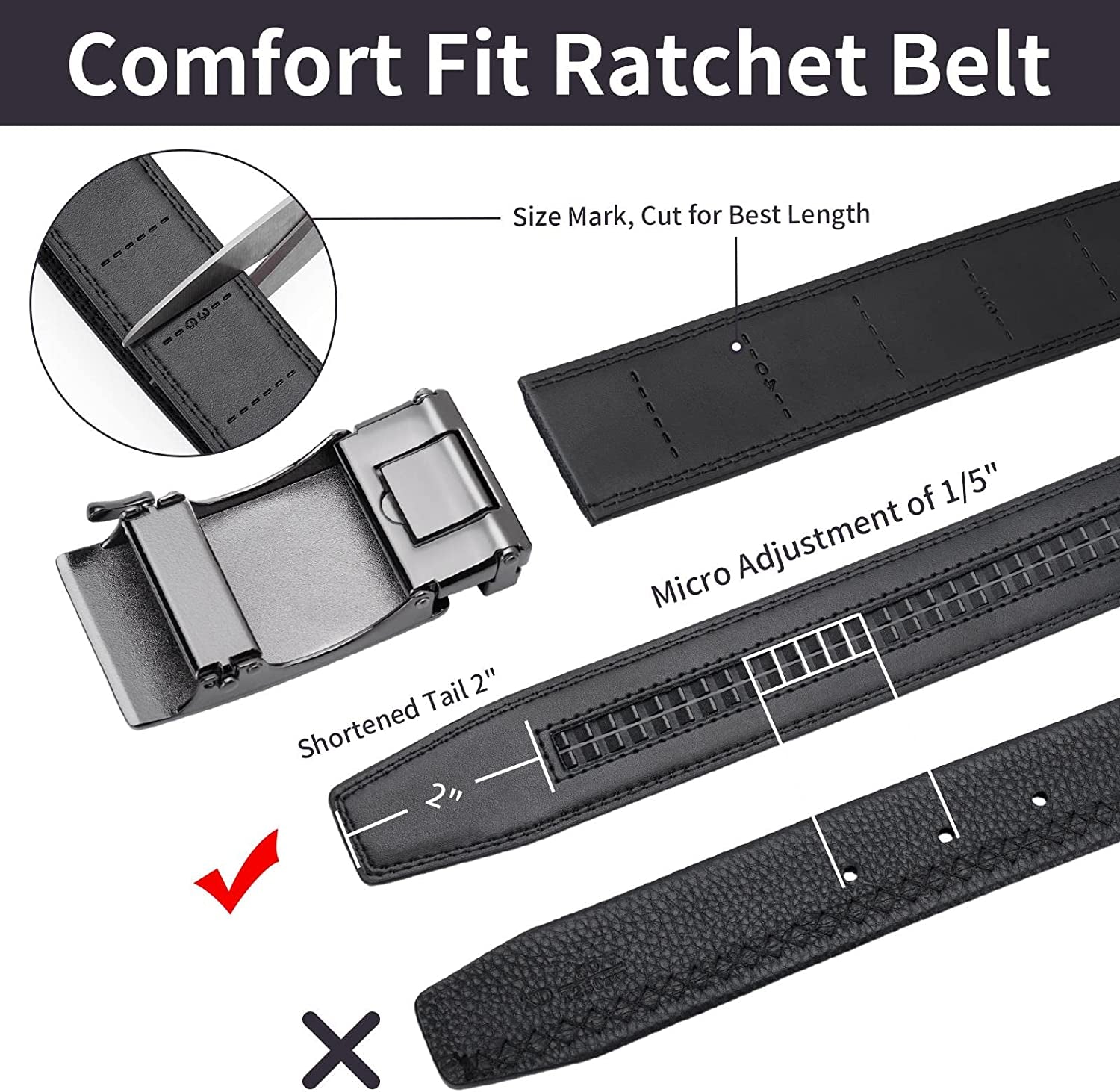 Black Belt Men,  Mens Leather Belts Slide Ratchet Belt Buckle Dress Casual Fashion Belt for Jeans Pants
