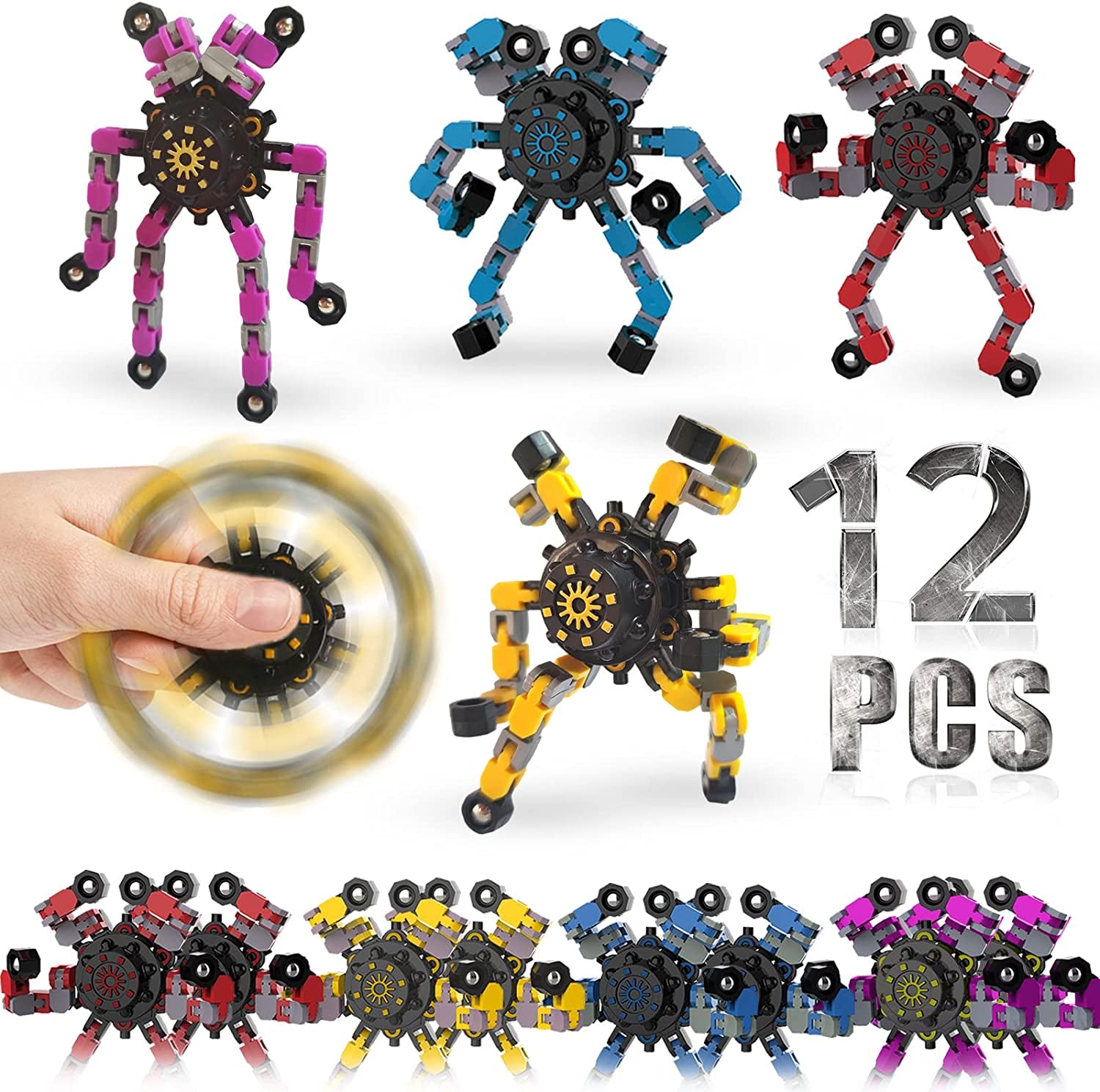 12 Pack Funny Sensory Fidget Toys,Deformable Chain DIY Robot Spinners Twister Fingertip Stress Relief Gyro Toy Christmas Stocking Stuffers Birthday Gifts Party Favors for Kids Adults,Classroom Prizes
