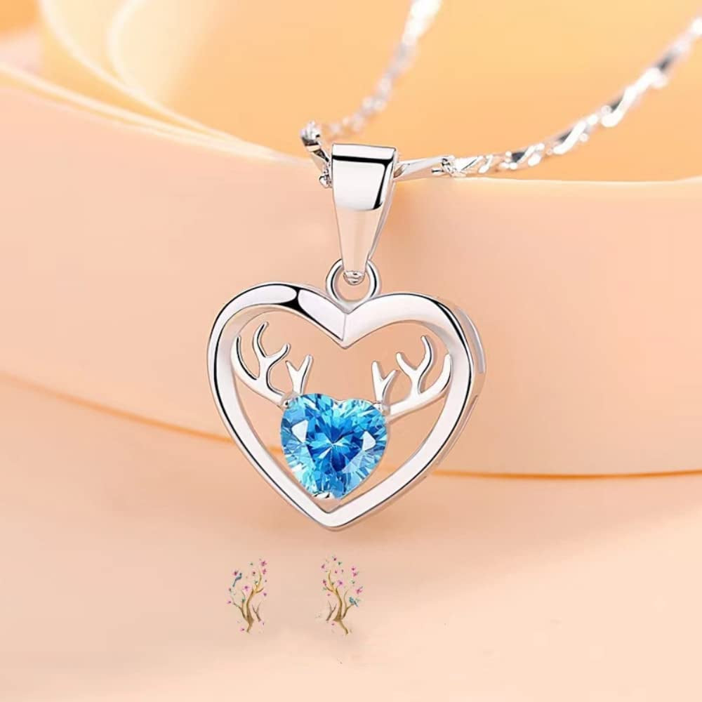 Deer Necklace. Deer Antler Pendant. Love Necklace, Blue Love Zircon. Silver Plated, Women'S Necklace, Girly, Valentine'S Day, Birthday Gift