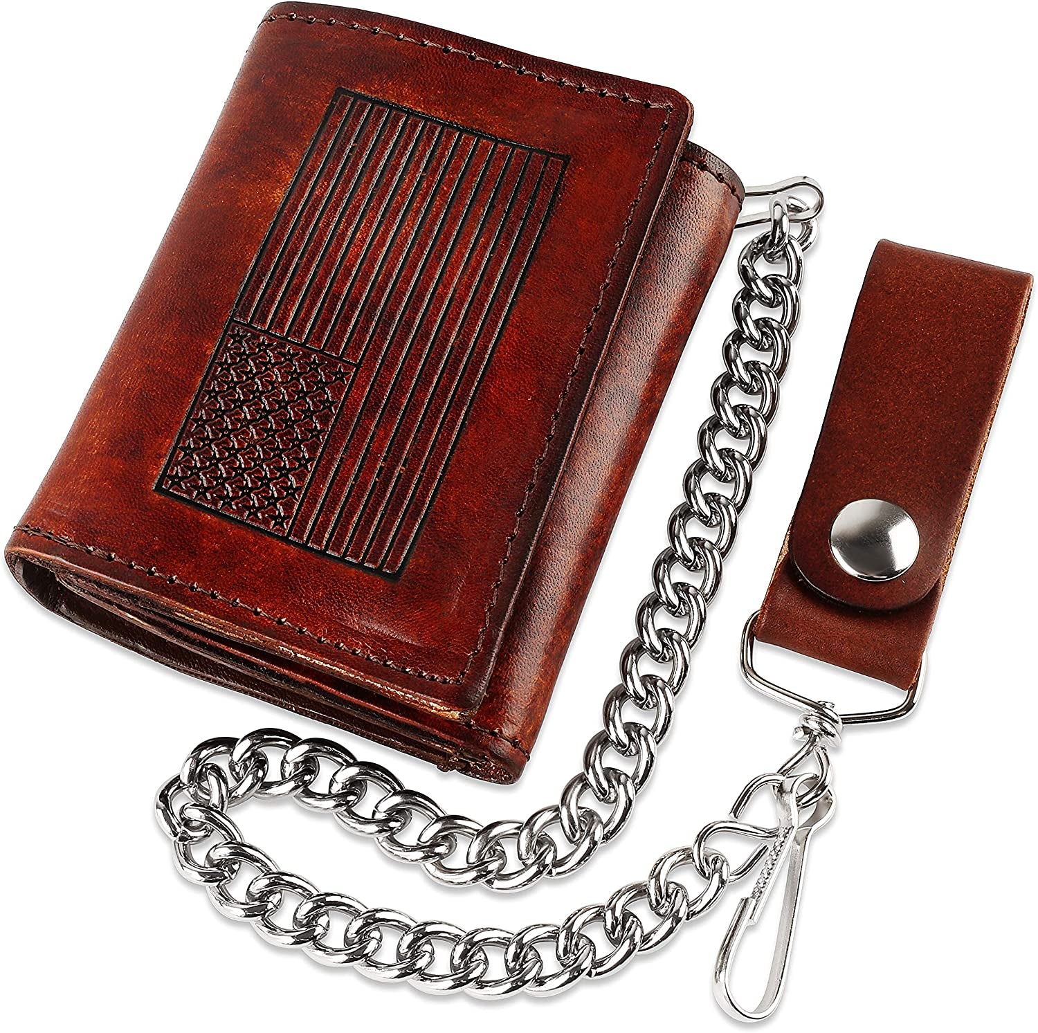 RFID Blocking Men'S Tri-Fold Vintage Biker Cowhide Top Grain Leather Steel Chain Wallet,Snap Closure, Made in Usa,Gl315,Black