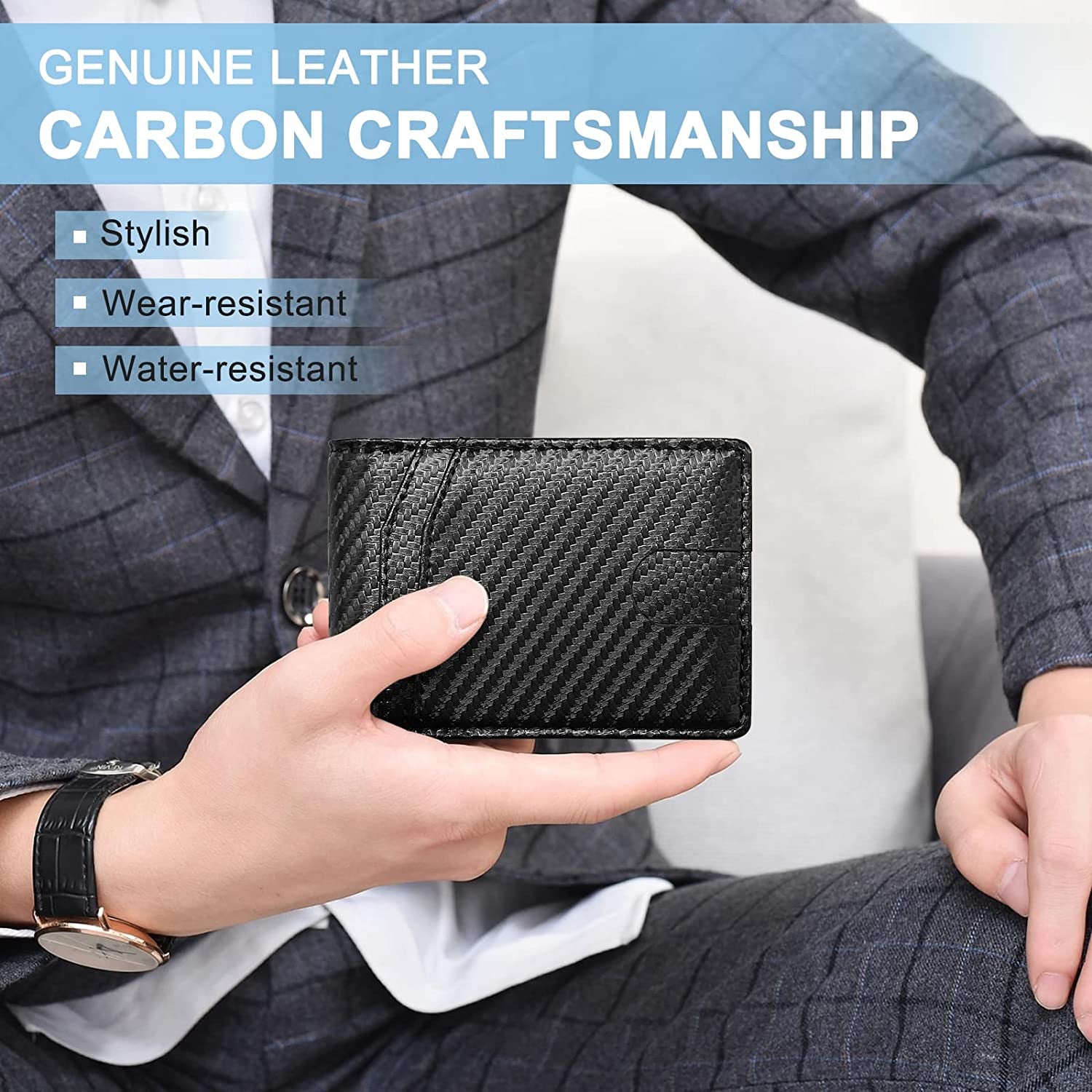 Gifts for Dad,Men'S Leather Wallet for Valentines Day Gifts with Money Clip, RFID Blocking,Bifold Credit Card Holder with 11 Slots,Clips 6-10 Bills,Gifts for Men Him Husband Boyfriend-Carbon Fiber
