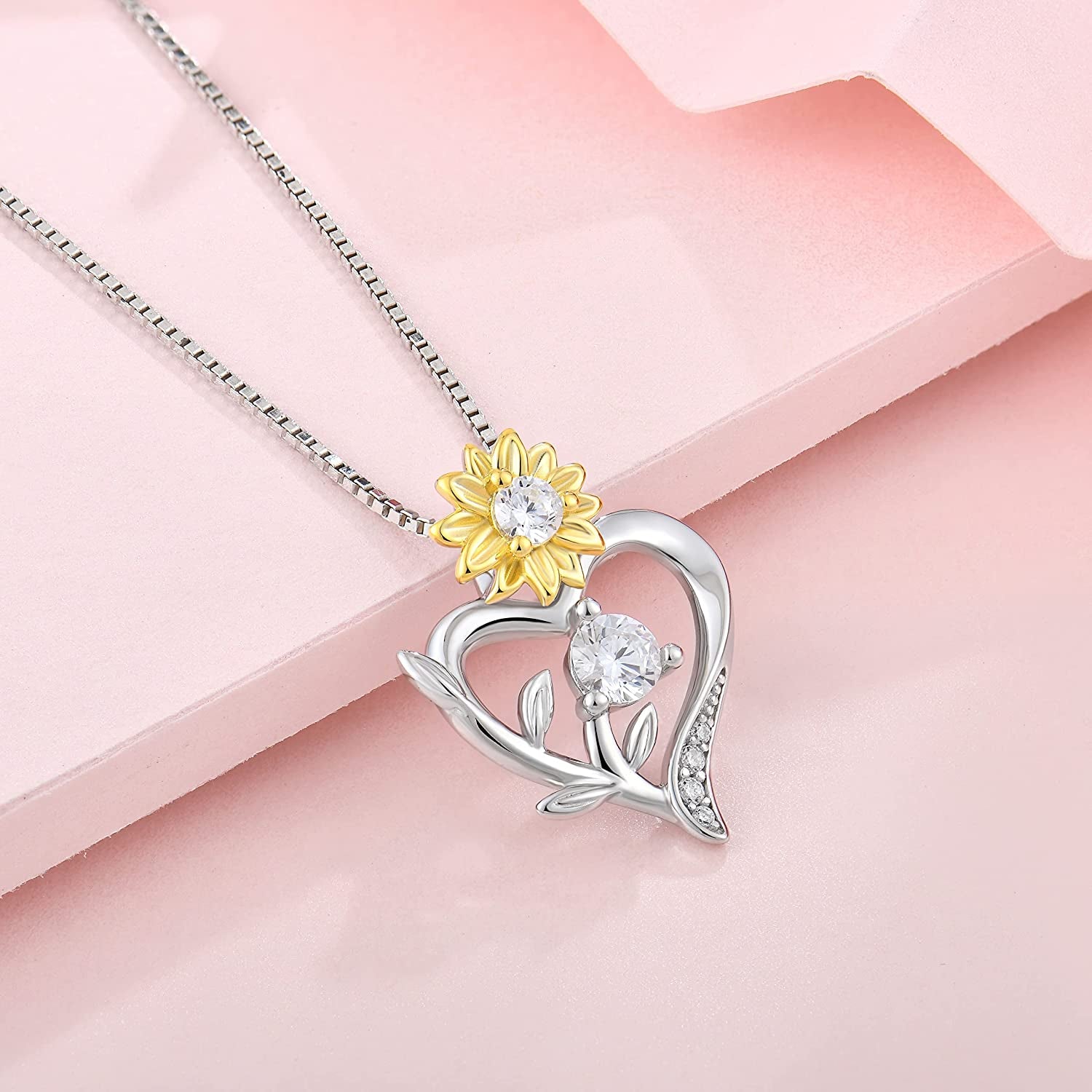 Sunflower Heart Necklace for Women 925 Sterling Silver Cubic Zirconia Love Pendant Jewelry Gifts for Women