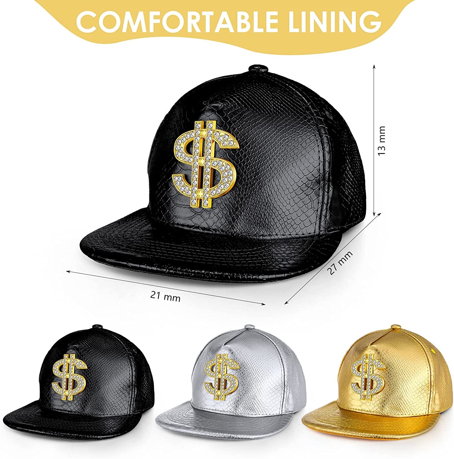 3 Pieces Funny Hat Gold Rapper Hat 80S 90S Adjustable Hip Hop Hat Dollar Sign Gold Snapback Hat Leather Brimmed Baseball Cap for Men