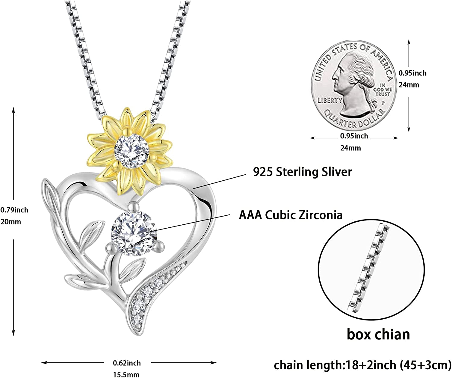 Sunflower Heart Necklace for Women 925 Sterling Silver Cubic Zirconia Love Pendant Jewelry Gifts for Women
