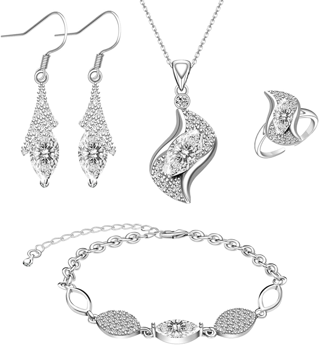 Jewelry Sets for Women Necklace Dangle Earrings Adjustable Ring Bracelet Costume Luxury Set for Women Girl Mom Wife Girlfriend Best Friend Ladies Bride Bridesmaid Gift