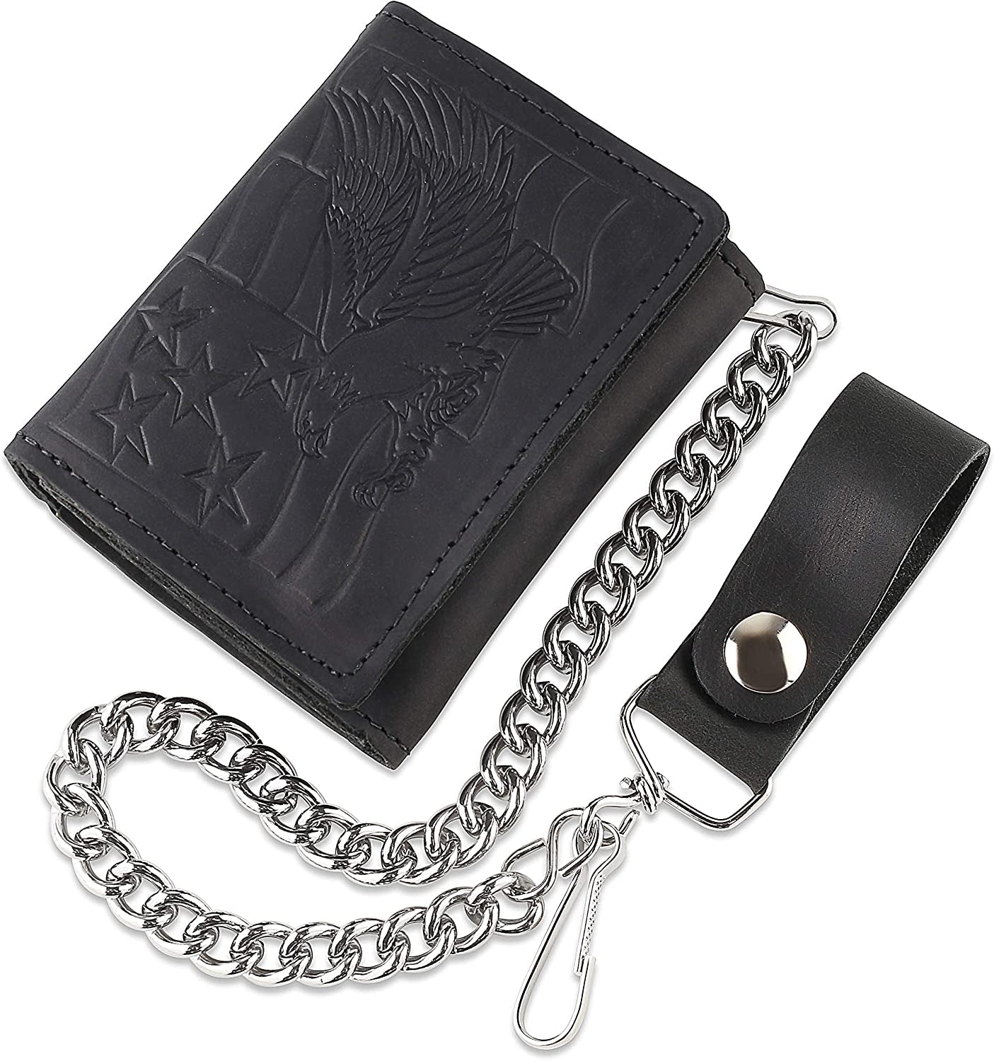 RFID Blocking Men'S Tri-Fold Vintage Biker Cowhide Top Grain Leather Steel Chain Wallet,Snap Closure, Made in Usa,Gl315,Black