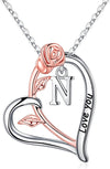 Rose Heart Initial Necklaces Gifts for Women Teen Girls, Rose Love You Heart Letter Pendant Necklace Jewelry Mothers Day Valentines Anniversary Christmas Birthday Gifts for Her Mom Wife Girlfriend