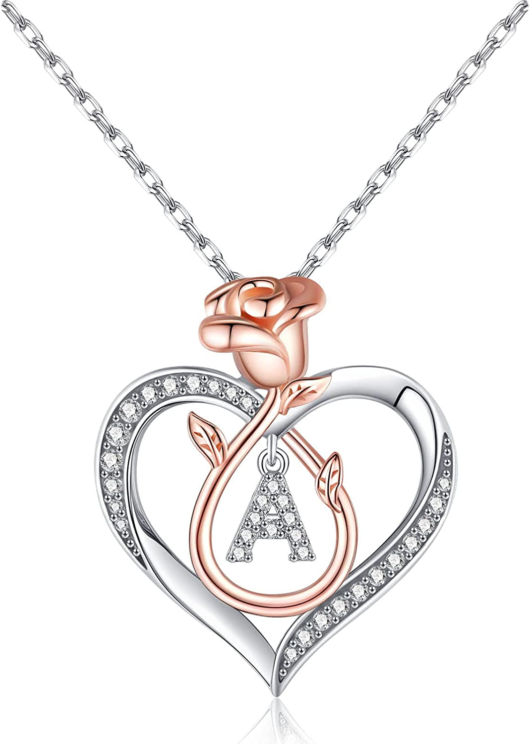 Rose Heart Necklaces Gifts for Women, CZ Heart Initial Letter Pendant Necklaces Jewelry Anniversary Valentines Day Gifts for Her Mothers Day Christmas Birthday Gifts for Women Girls